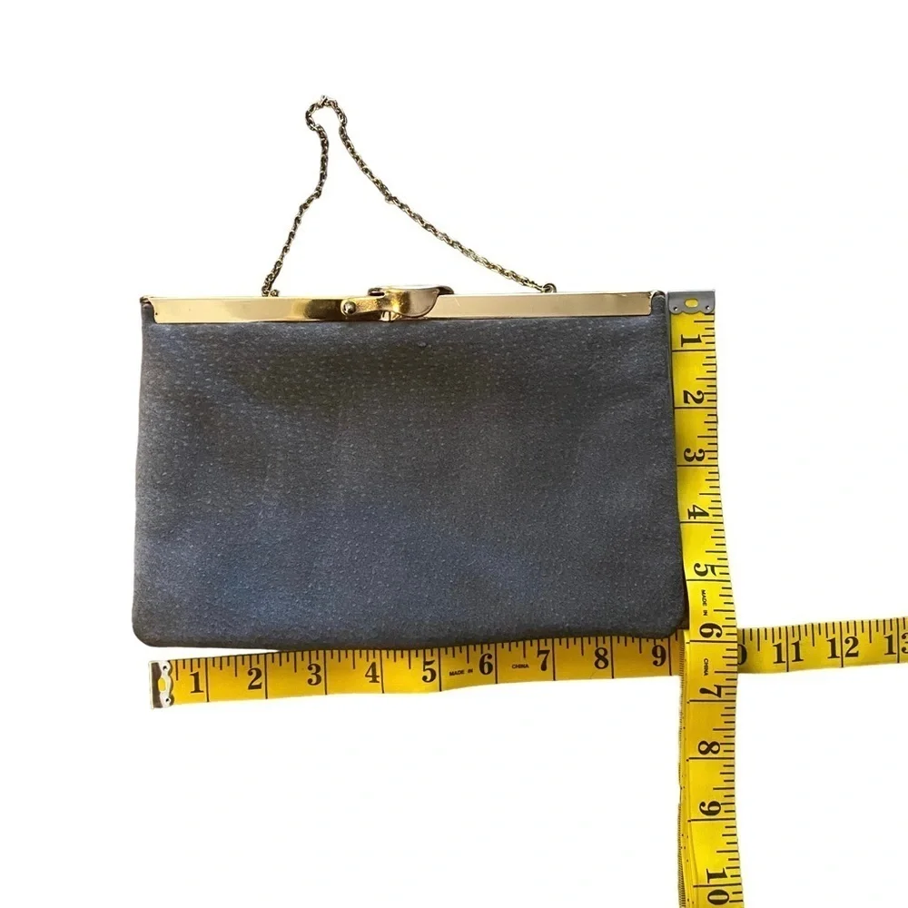 Vintage 70’s ETRA Gray Suede Fold Open Clutch Handbag w/ Gold-tone Trim & Chain - Picture 4 of 6